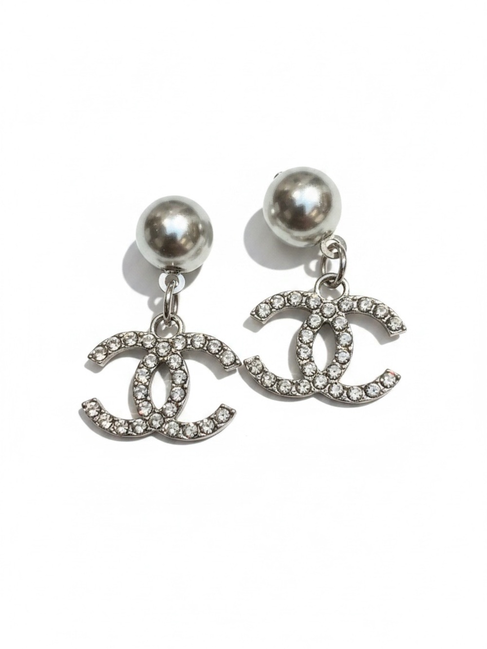 C  Silver-Tone Crystal CDrop Earrings with Pearl Studs